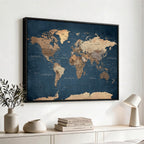 Navy Blue World Map Canvas Print | Framed Travel Map Wall Art