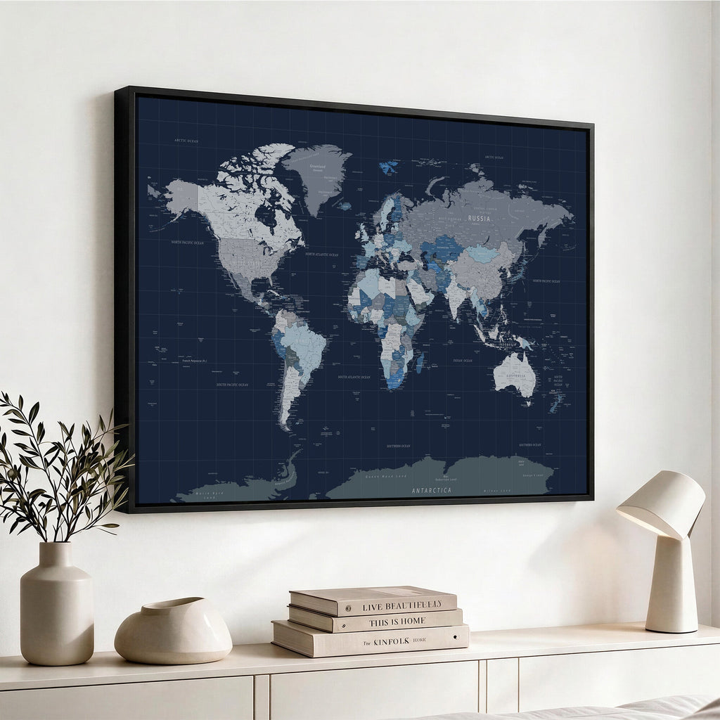 Blue Detailed World Map Wall Art Canvas Print | Modern Framed Map