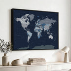 Blue Detailed World Map Wall Art Canvas Print | Modern Framed Map