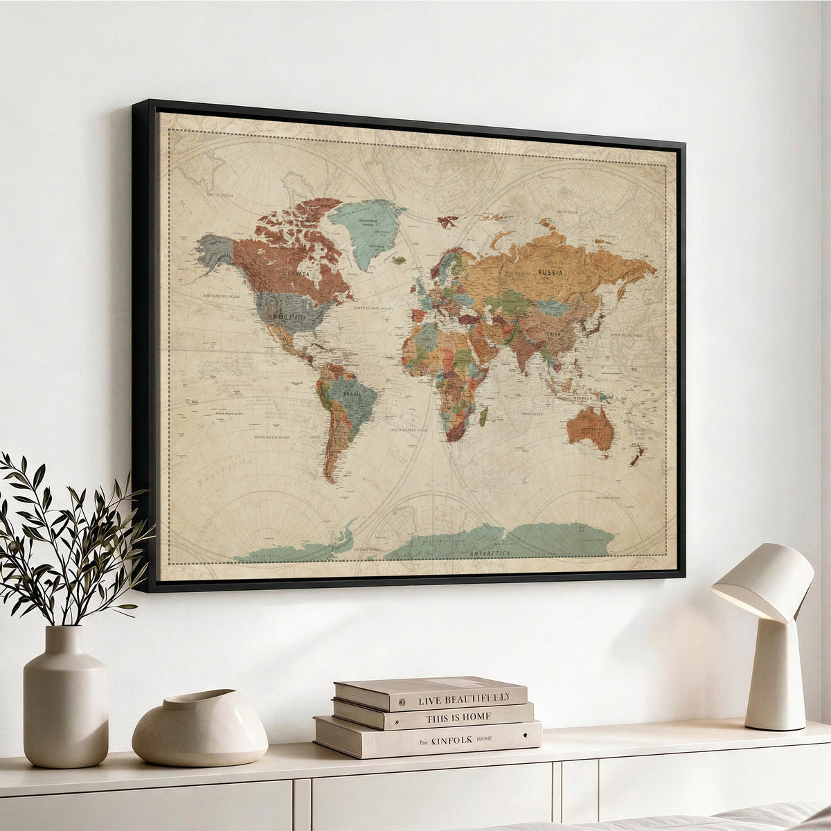 Vintage World Map Canvas Wall Art Print | Framed Modern World Map