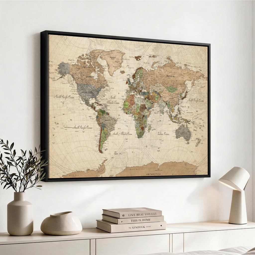 Framed World Map Wall Art for Home and Office Decor