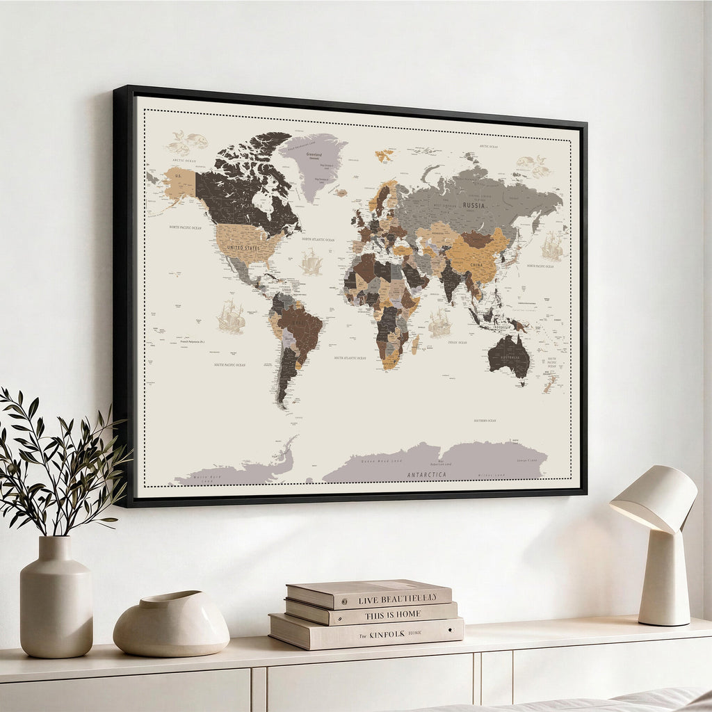 Custom Beige Modern Push Pin World Map Canvas Print, Places Visited Tracker, Bedroom and Study Decor