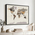 Custom Beige Modern Push Pin World Map Canvas Print, Places Visited Tracker, Bedroom and Study Decor