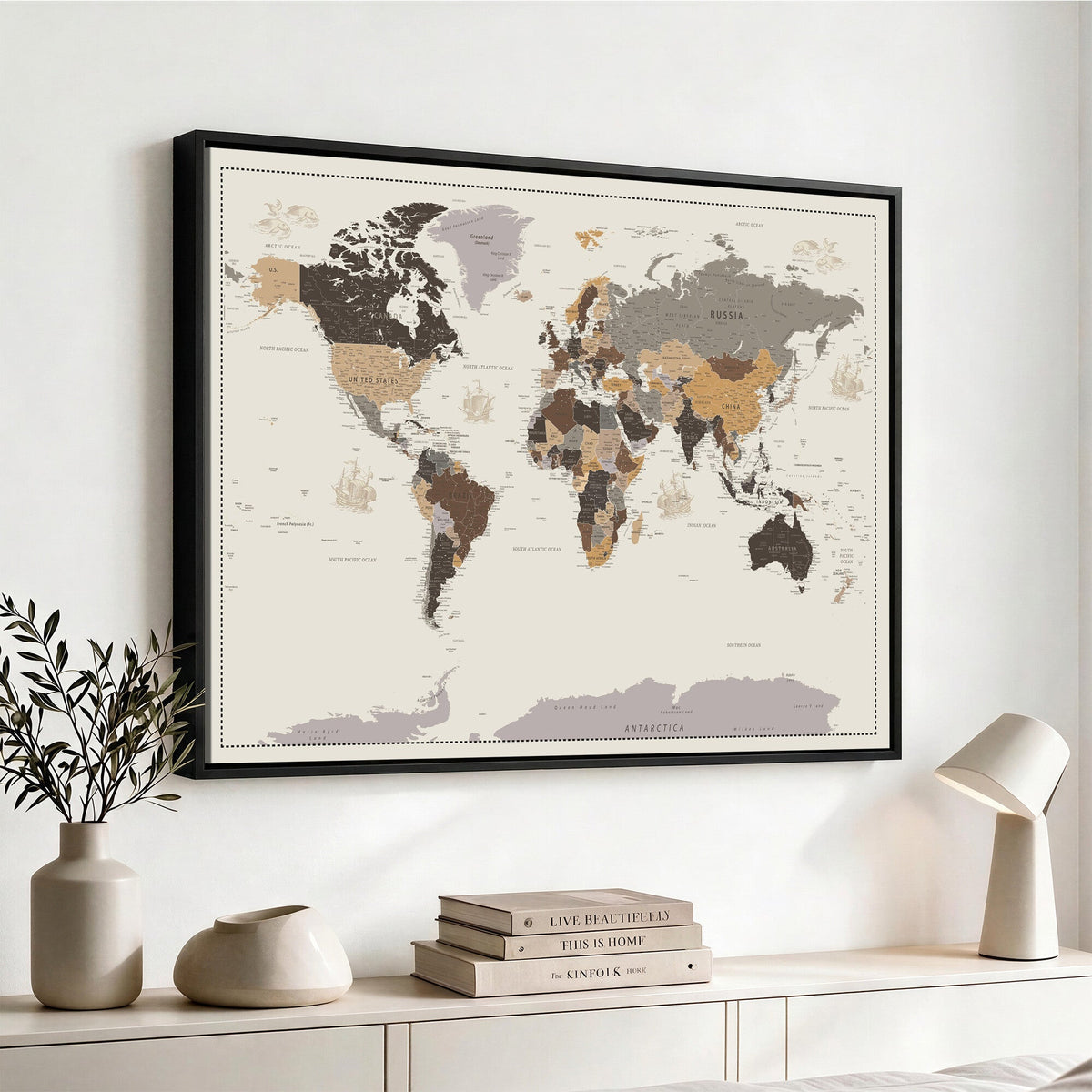 Custom Beige Modern Push Pin World Map Canvas Print, Places Visited Tracker, Bedroom and Study Decor