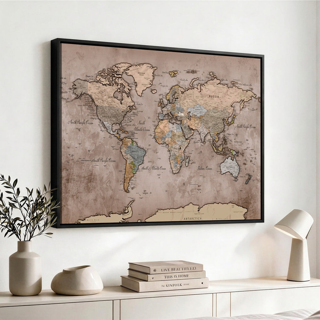 Grunge World Map Canvas Wall Art - Vintage Aged World Map with Golden Tones