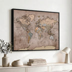 Grunge World Map Canvas Wall Art - Vintage Aged World Map with Golden Tones