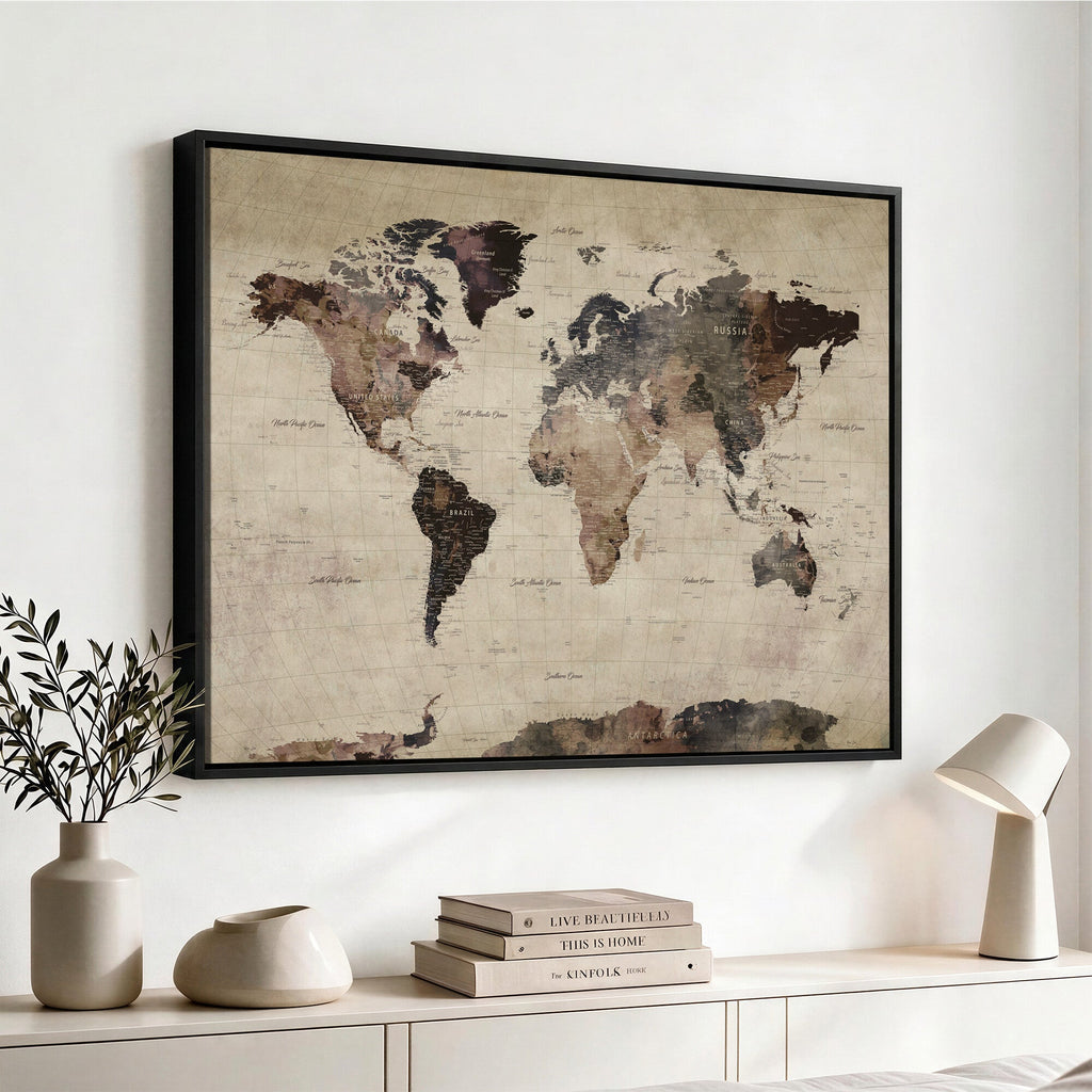 World Map Canvas Print, Detailed Map of the World, Adventure Gift for Couples and Anniversaries