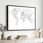 World Map Canvas Print, Framed Modern Detailed Map of the World for Home or Office