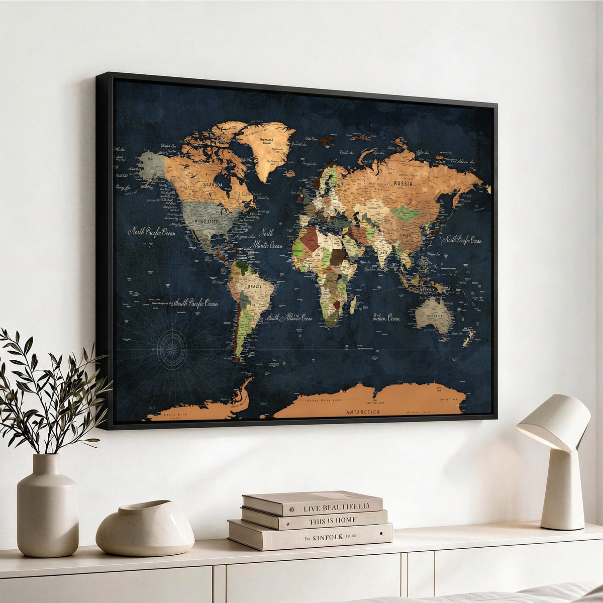 Vintage World Map Canvas Wall Art | Detailed Map with Countries, Oceans and Continents