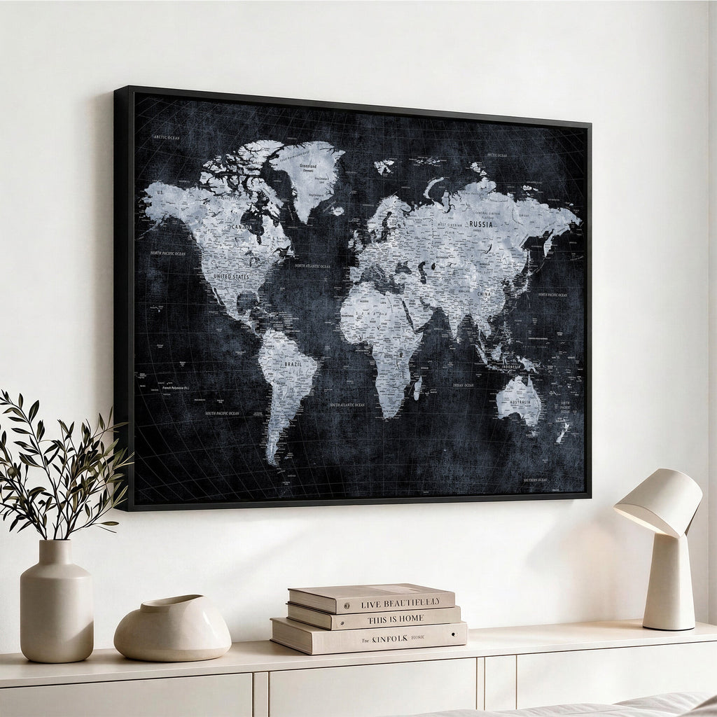Black World Map Canvas Print | Detailed Map for Couples and Anniversary Gift