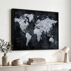 Black World Map Canvas Print | Detailed Map for Couples and Anniversary Gift