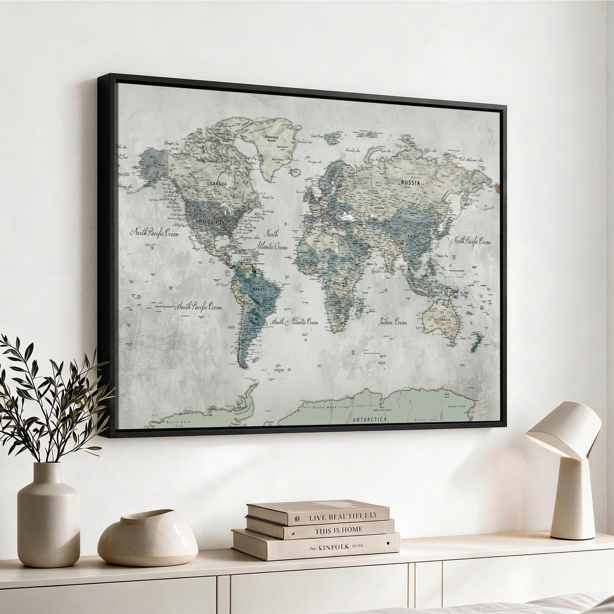Neutral Vintage World Map Canvas Wall Art Print, Classic Map Artwork