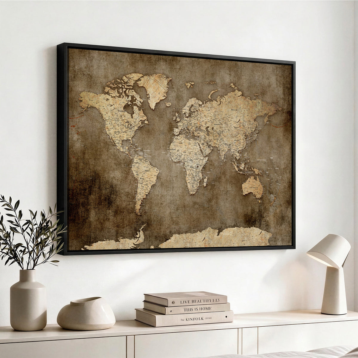 Dark Vintage World Map Canvas Wall Art Print, Antique Map Artwork