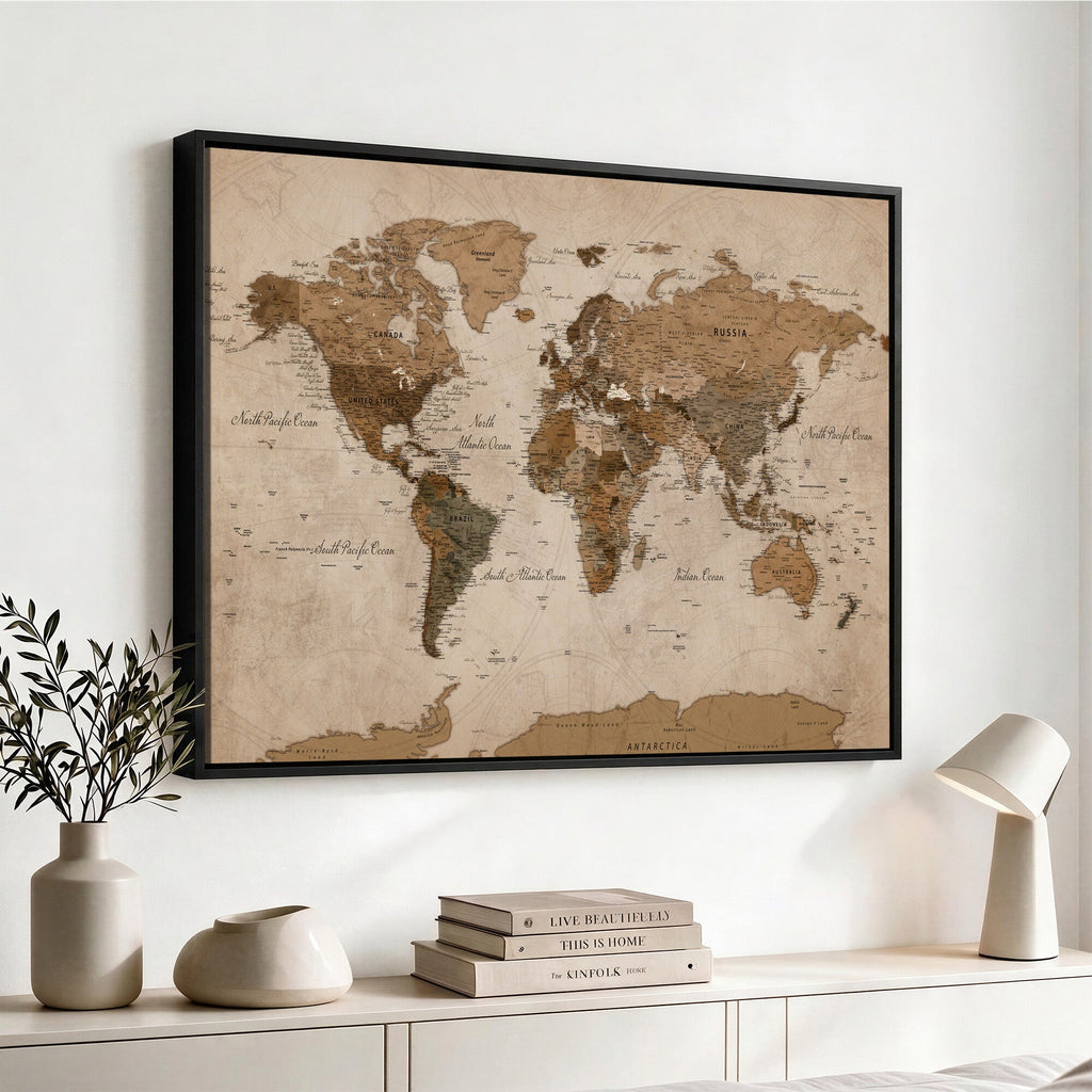 World Map Canvas Wall Art Print, Detailed Global Map Artwork