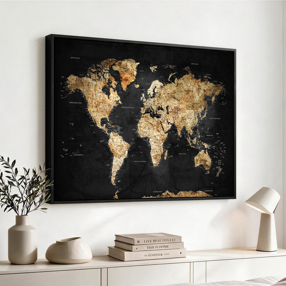 World Map Canvas Wall Art with Famous Landmarks | Framed Travel Map
