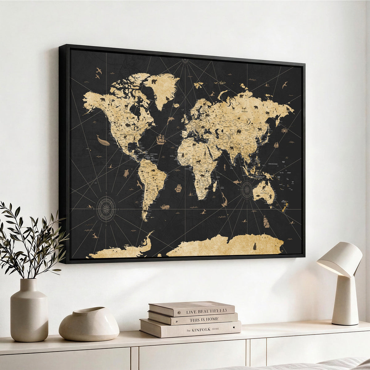 Vintage Blue and Brown World Map Canvas Wall Art | Framed Rustic Map Print