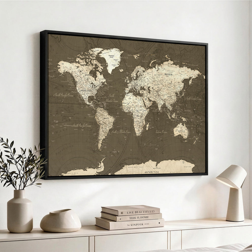 Vintage World Map Canvas Print | Framed Travel Map Wall Art for Couples