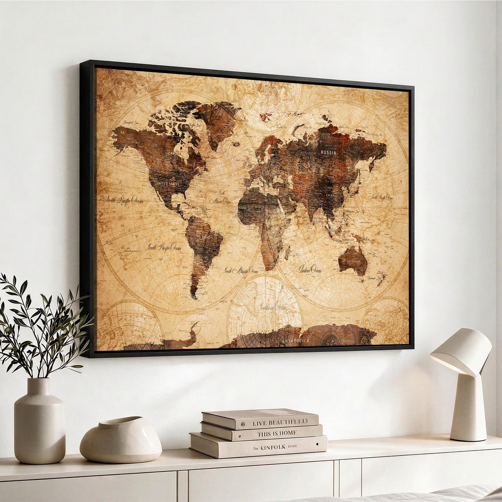 Modern Red and Gray World Map Canvas Print | Framed Wall Art
