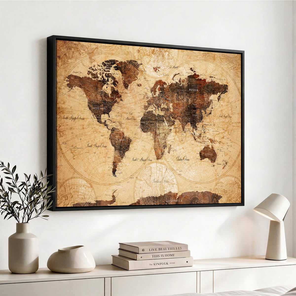 Modern Red and Gray World Map Canvas Print | Framed Wall Art