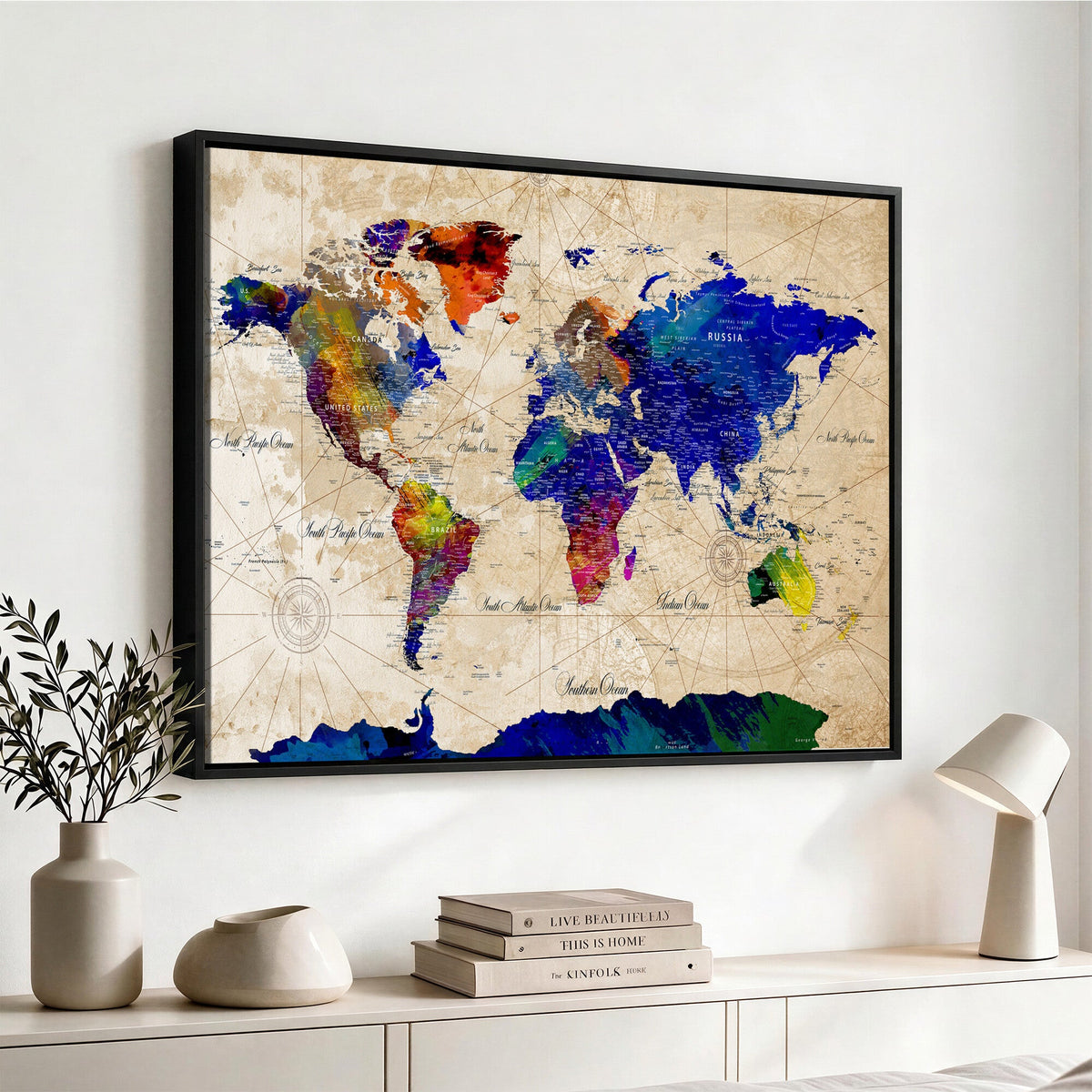 Watercolor World Map Canvas Print | Framed Wall Art for Couples