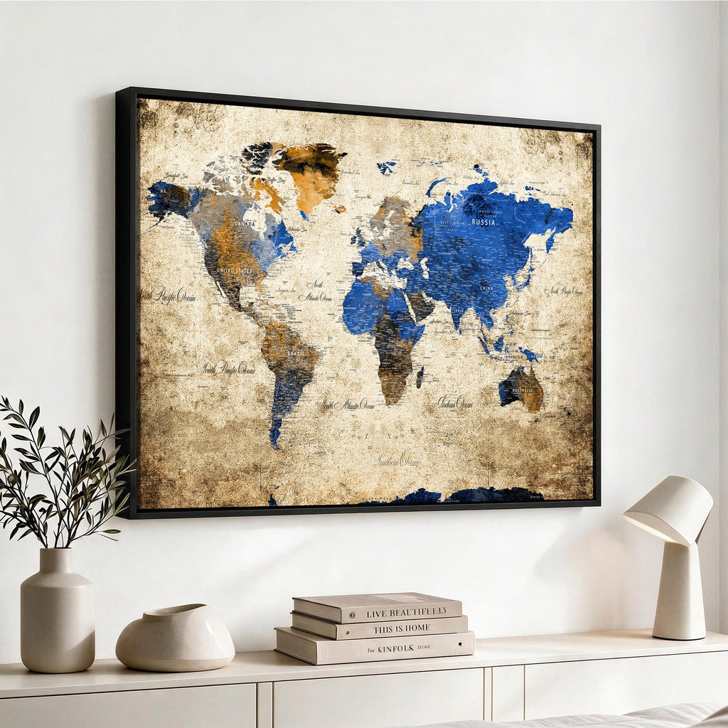 World Map Canvas Print | Colorful Abstract Travel Map, Framed Wall Art