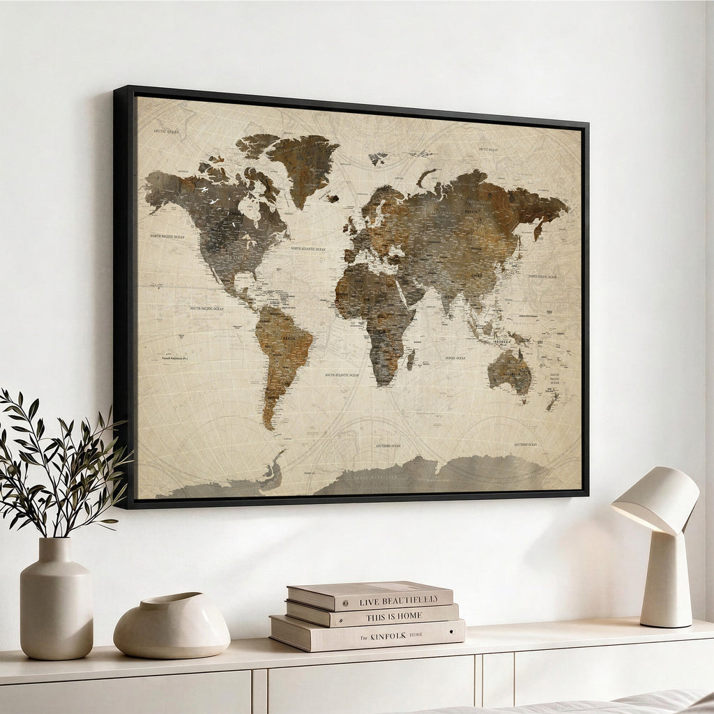 Vintage World Map Canvas Wall Art | Framed Antique Style Travel Map