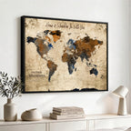 World Map Wall Art | Rustic Earth Tone Canvas Print, Antique Travel Map