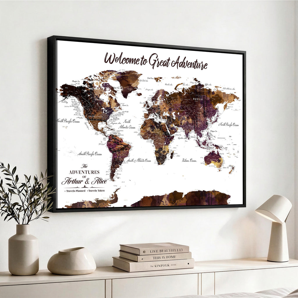 Custom Push Pin World Map Wall Art Canvas Print | Personalized Travel Map