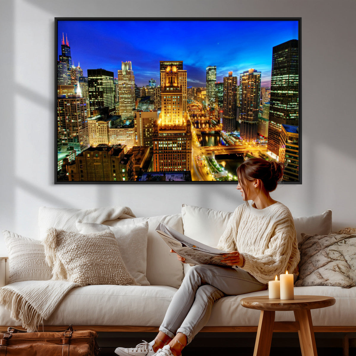 Chicago Wall Art Canvas Print - Chicago City Downtown Night Cityscape