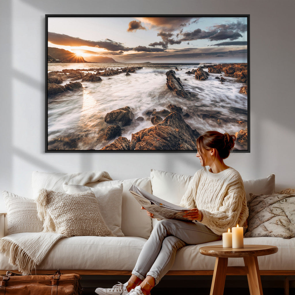 Rocky Coast Ocean Sunset Wall Art Canvas Print, Dramatic Seascape Nature Decor