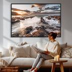 Rocky Coast Ocean Sunset Wall Art Canvas Print, Dramatic Seascape Nature Decor