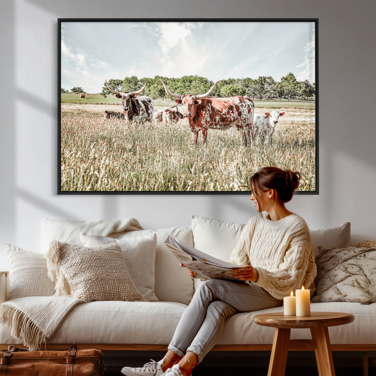 Texas Longhorn Cattle Wall Art Canvas Print, Western Ranch Landscape Decor