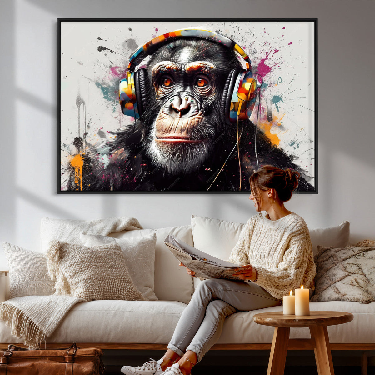 DJ Monkey Wall Art Canvas Print | Colorful Pop Art, Banksy Style Graffiti Chimpanzee