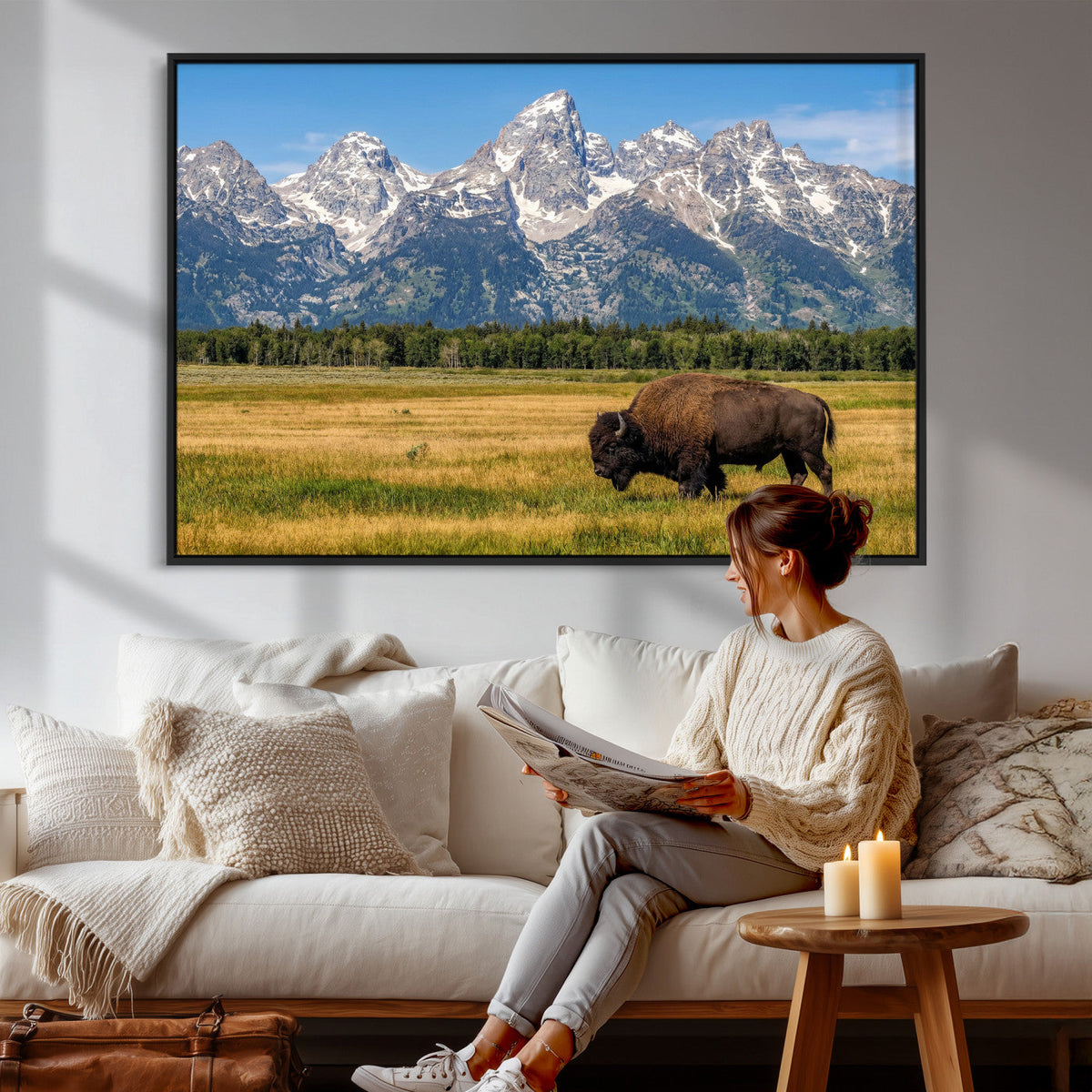 Bison in Mountain Landscape Wall Art Canvas Print, Western Decor