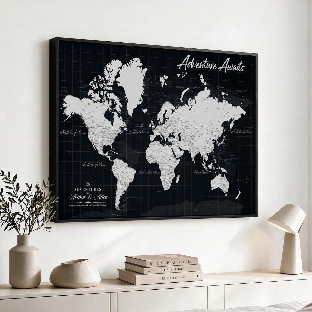 Personalized Black Push Pin Travel Map Canvas Print, Couples Countries Visited Map, Entryway and Hallway Decor