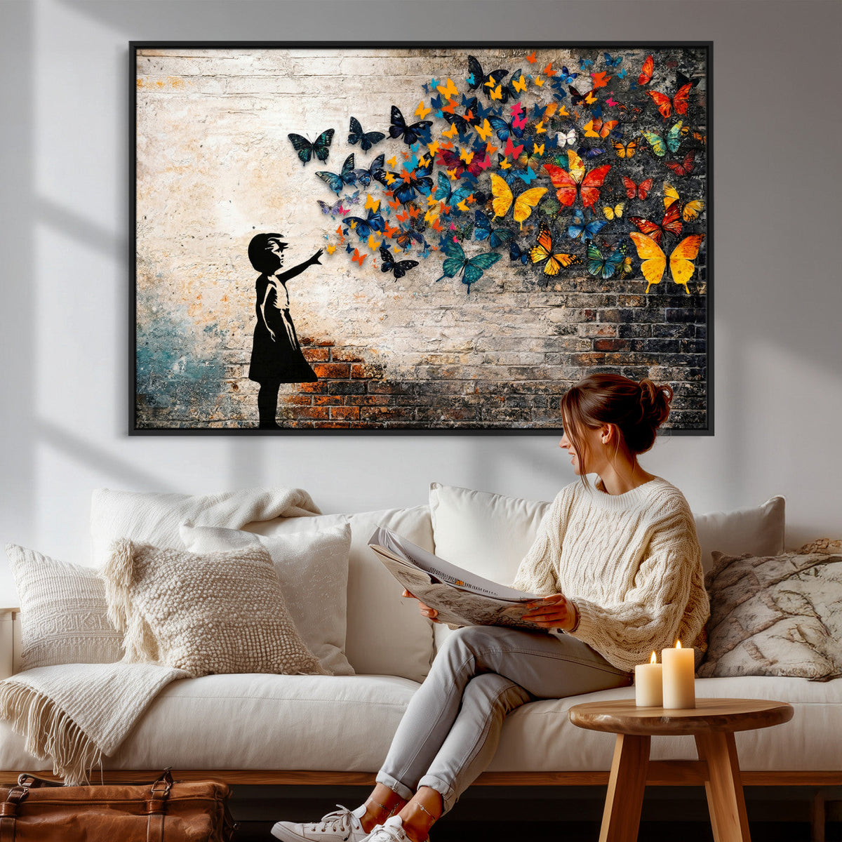 Banksy Graffiti Butterfly Girl Wall Art Canvas Print, Framed
