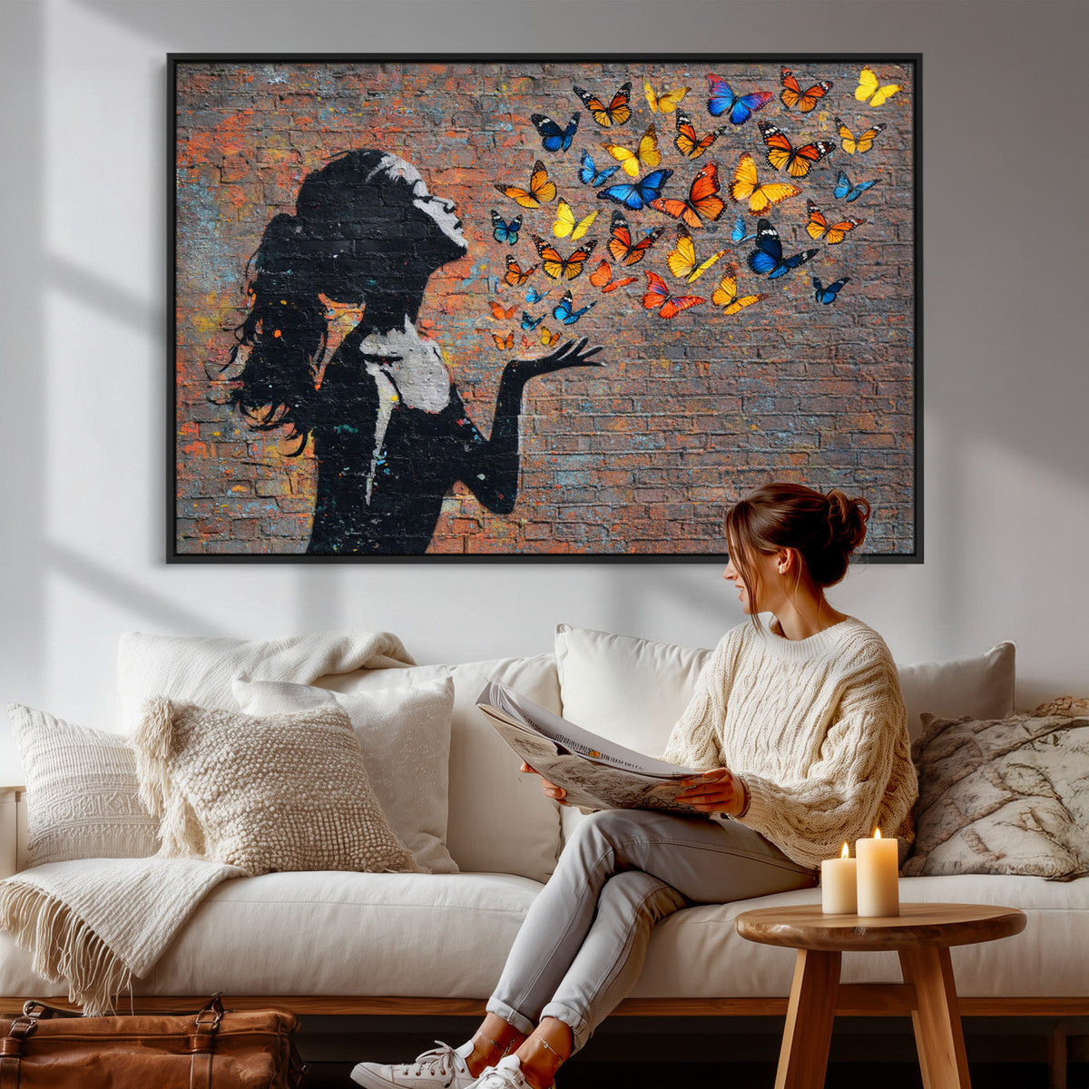 Urban Banksy Butterfly Girl Wall Art Canvas Print, Framed