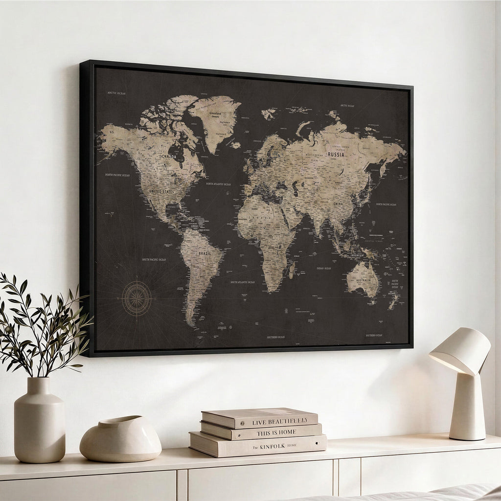 World Map Canvas Wall Art, Dark Charcoal and Antique Tan Detailed Map