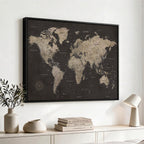 World Map Canvas Wall Art, Dark Charcoal and Antique Tan Detailed Map
