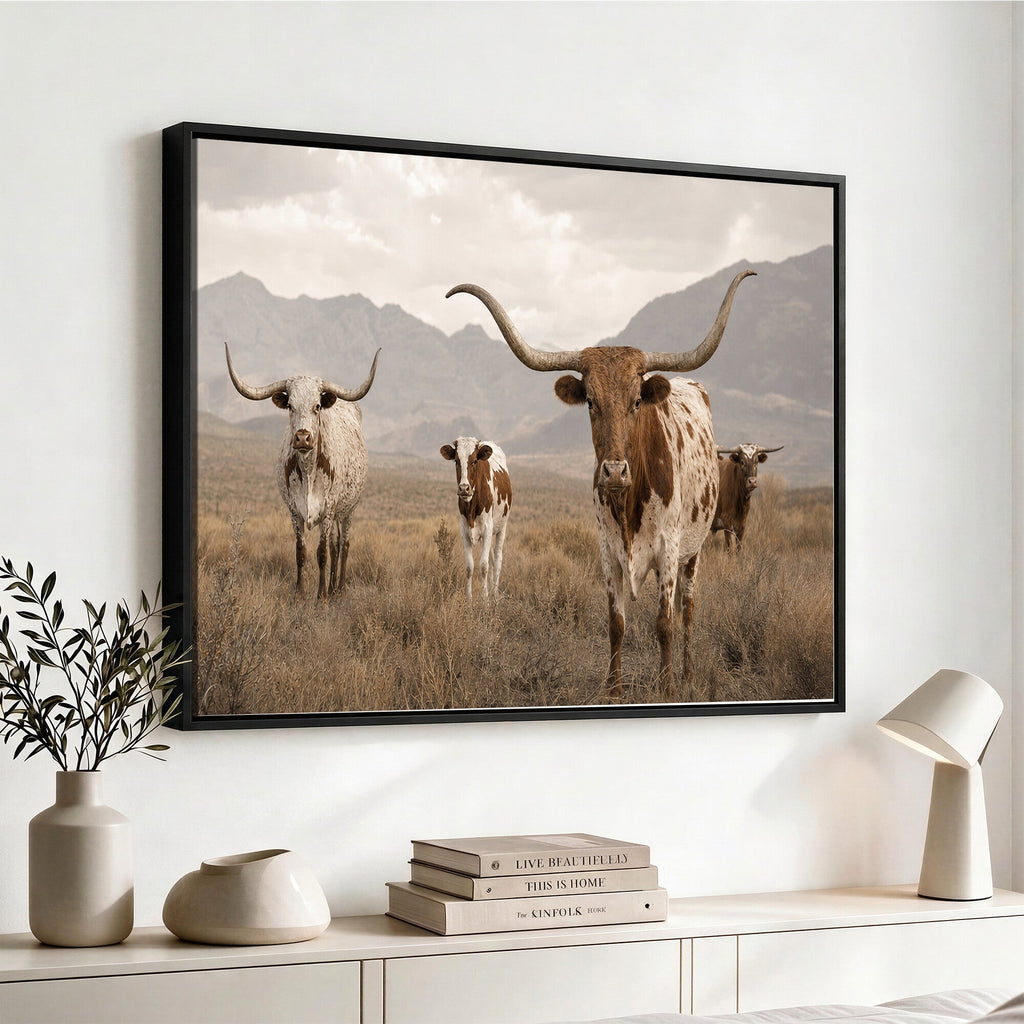 Rustic Texas Longhorn Cow Canvas Wall Art Print, Farm Animal Photography