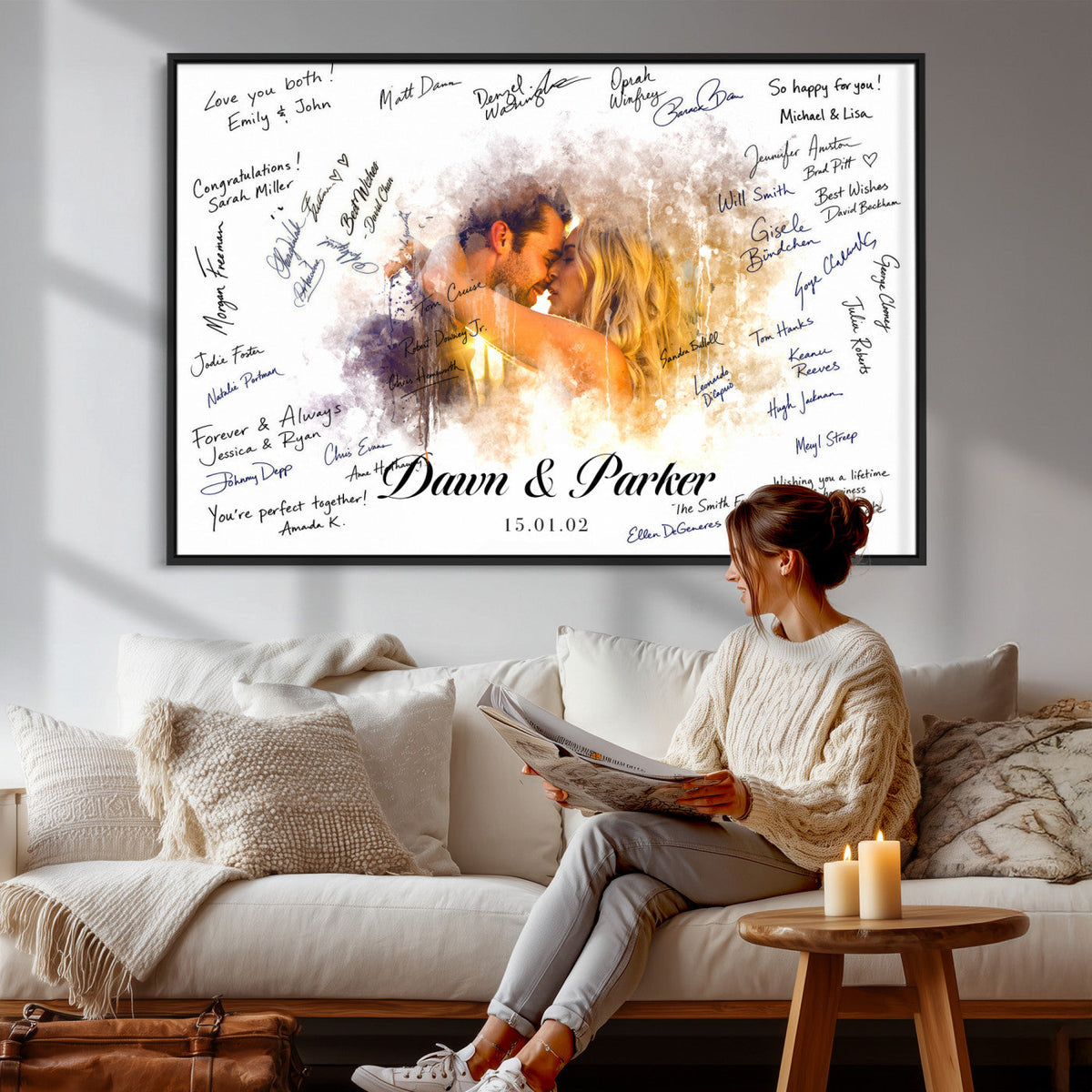 Ink Splash Wedding Guest Book Canvas, Personalized Couple Photo Sign