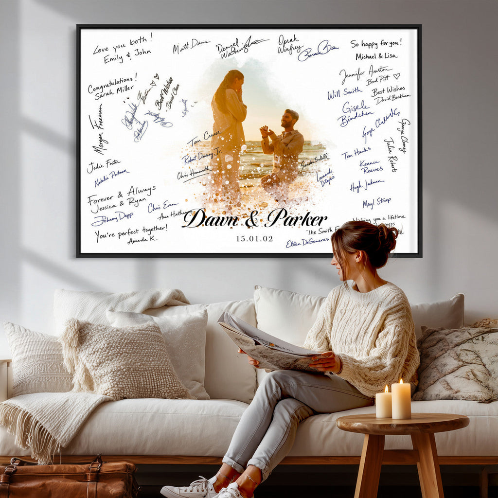 Wedding Signature Guest Book Canvas, Personalized Couple Photo Art