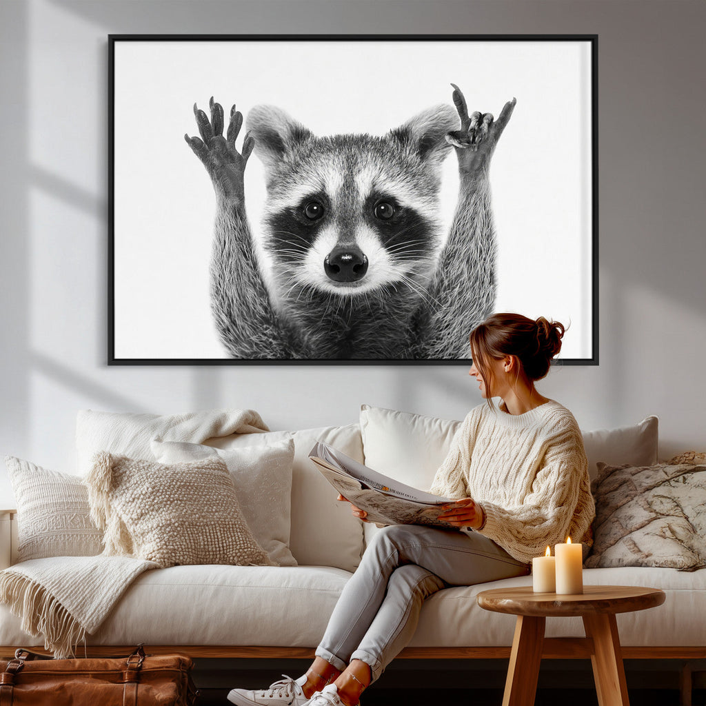 Funny Raccoon Canvas Wall Art, Black White Hands Up Animal Photo Print