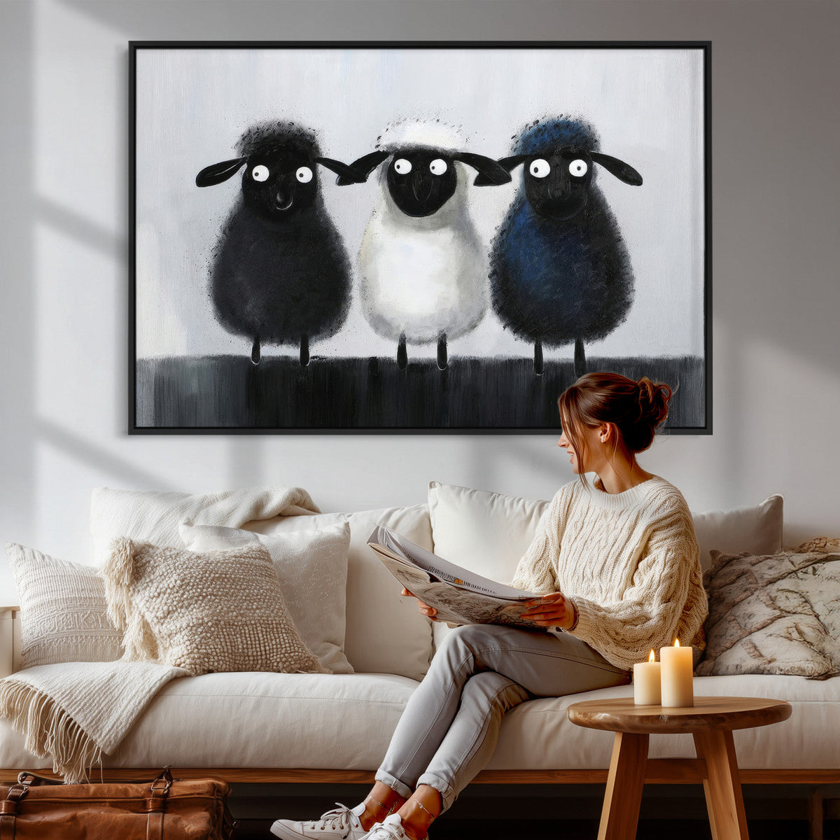 Funny Sheep Canvas Wall Art, Three Quirky Sheep Painting Print, Cute Nursery Decor