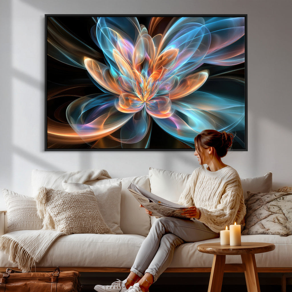 Fractal Lotus Canvas Wall Art, Blue Orange Glowing Flower Abstract Print