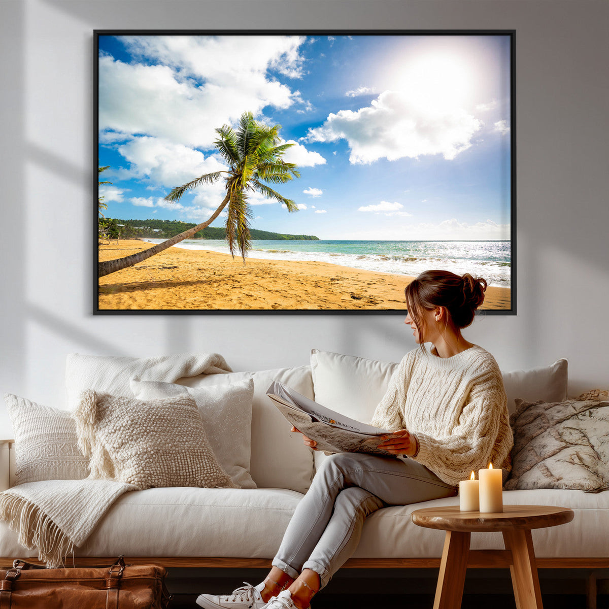 Tropical Beach Canvas Wall Art, Palm Tree Ocean Photo Print, Coastal Living Room Decor