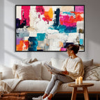 Blue Teal Abstract Canvas Wall Art, Modern Brushstroke Style Print, Navy Orange Contemporary Decor