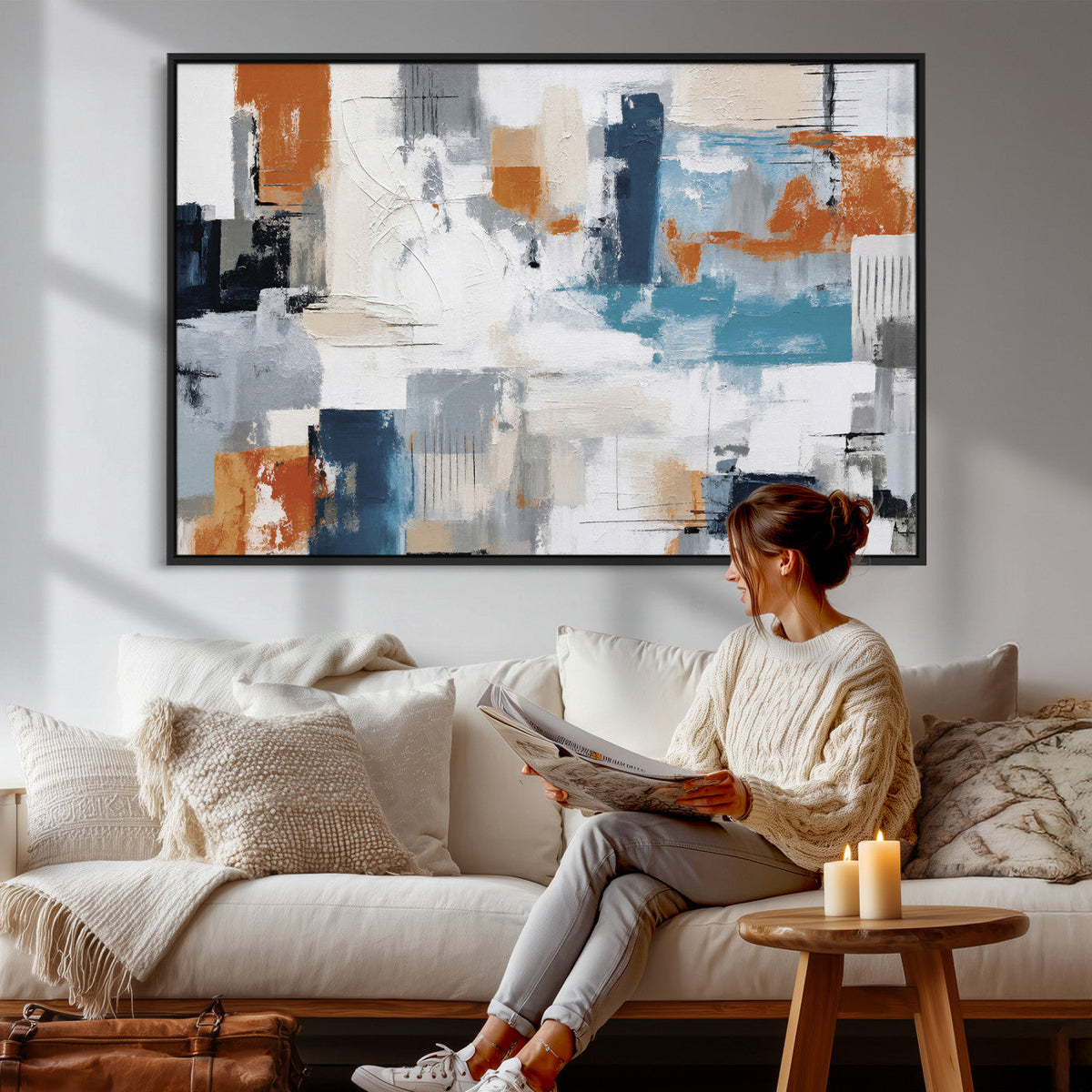 Blue Teal Abstract Canvas Wall Art, Modern Brushstroke Style Print, Navy Orange Contemporary Decor