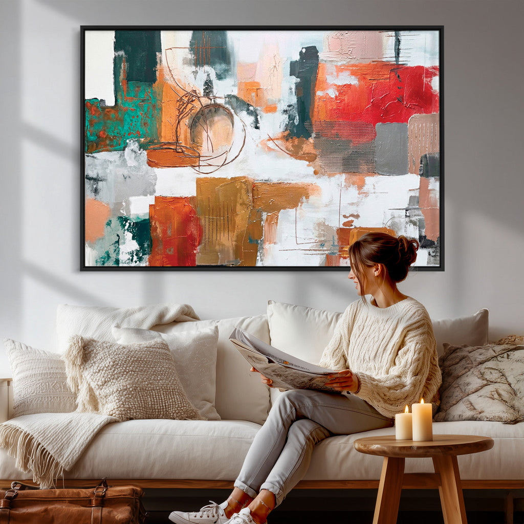 Blue Teal Abstract Canvas Wall Art, Modern Brushstroke Style Print, Navy Orange Contemporary Decor