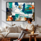 Blue Teal Abstract Canvas Wall Art, Modern Brushstroke Style Print, Navy Orange Contemporary Decor